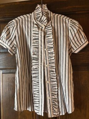 RED Valentino White and Black Striped Ruffle Front Button-Down Shirt